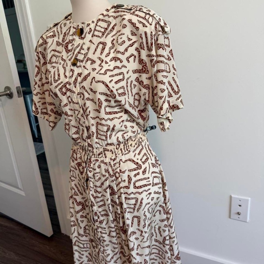 Vintage Liz Claiborne Cream & Brown Abstract Print Dress | Size Petite 10 - Picture 4 of 7